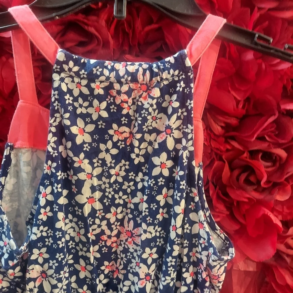 SO Girls Hi Lo Maxi Dress Tank Straps Racerback Style Navy/ White Flowers